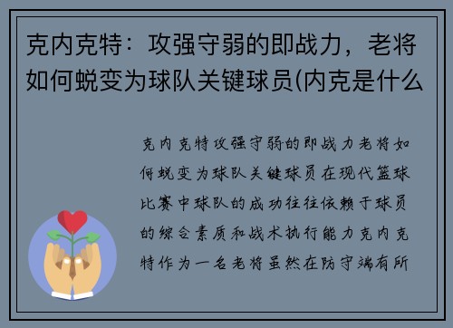 克内克特：攻强守弱的即战力，老将如何蜕变为球队关键球员(内克是什么)