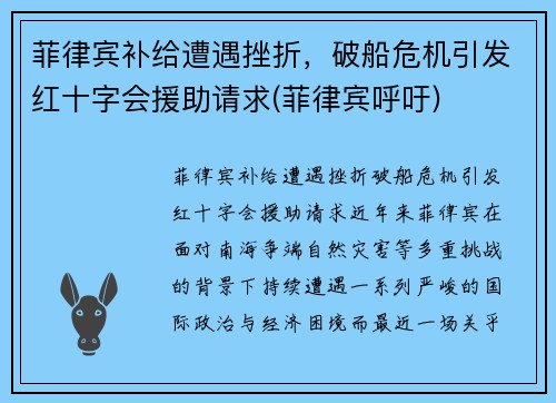 菲律宾补给遭遇挫折，破船危机引发红十字会援助请求(菲律宾呼吁)