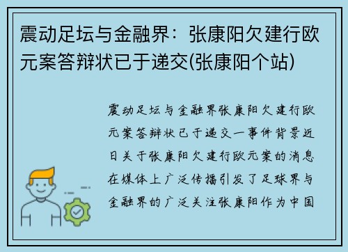 震动足坛与金融界：张康阳欠建行欧元案答辩状已于递交(张康阳个站)