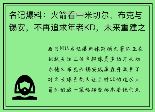 名记爆料：火箭看中米切尔、布克与锡安，不再追求年老KD，未来重建之路明确