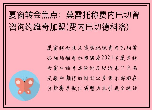 夏窗转会焦点：莫雷托称费内巴切曾咨询约维奇加盟(费内巴切德科洛)